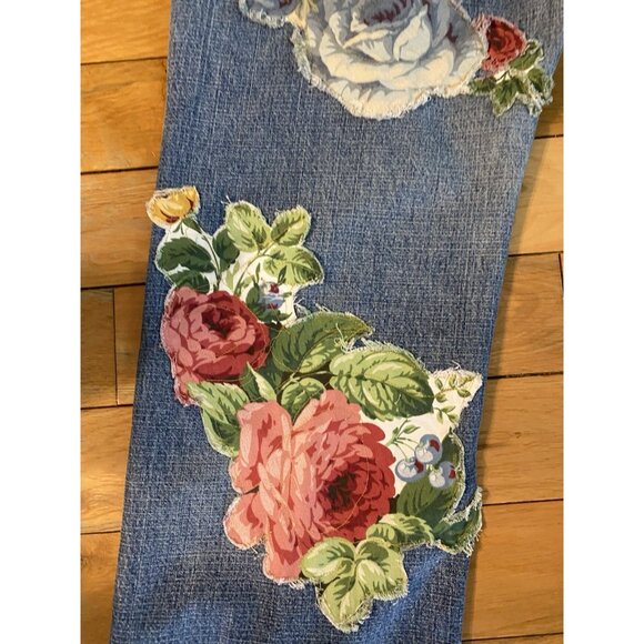 OOAK SAVED JEANS REFASHIONED UPCYCLED PATCHED DISTRESSED WASHED AND FRINGED 16A - Picture 9 of 16